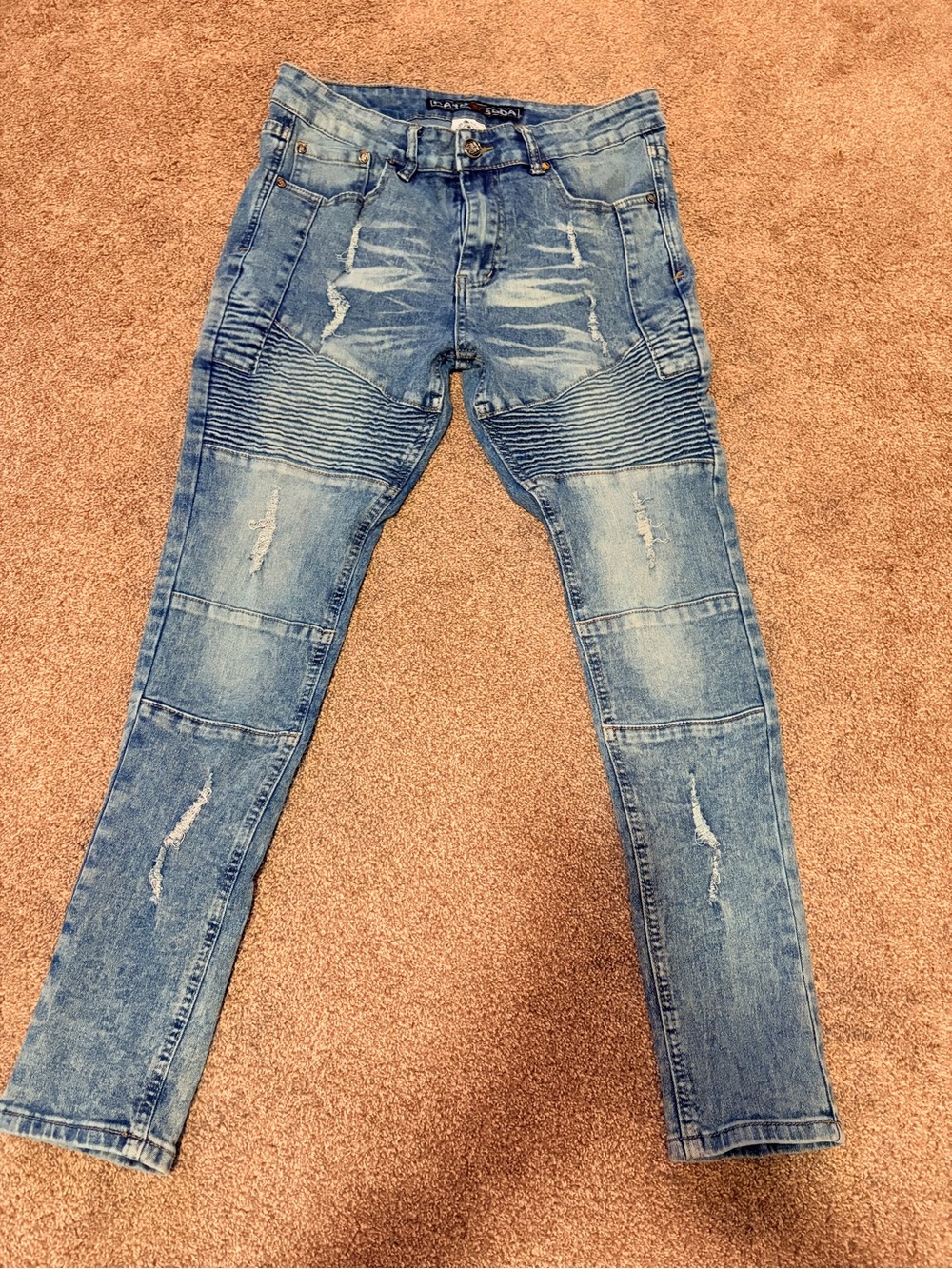 Light Wash Distressed Moto Skinny Jeans - Men